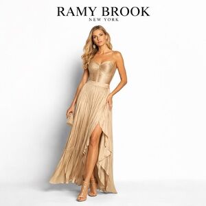 Ramy Brook NWT Braelyn Champagne Gold Ruched Satin Maxi Dress Size 2